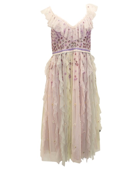 embellished ruffle dress in pastel purple nylon