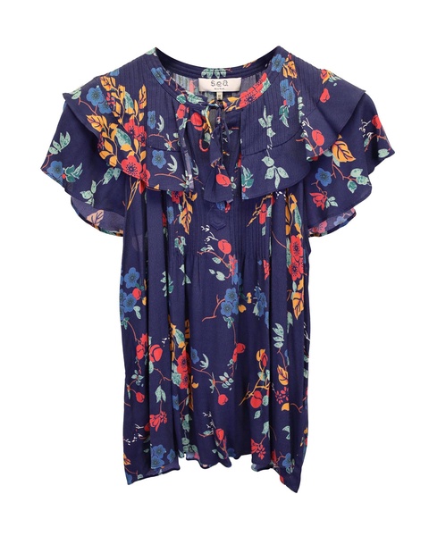 floral ruffled blouse in blue viscose