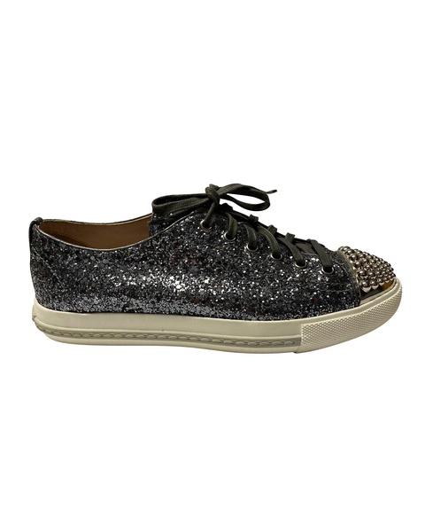 studded cap toe lace-up sneakers in silver glitter