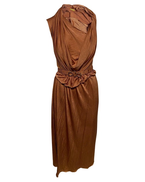 ora belted midi dress in brown satin