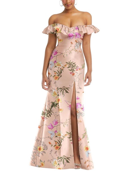 off-the-shoulder ruffle neck trumpet gown