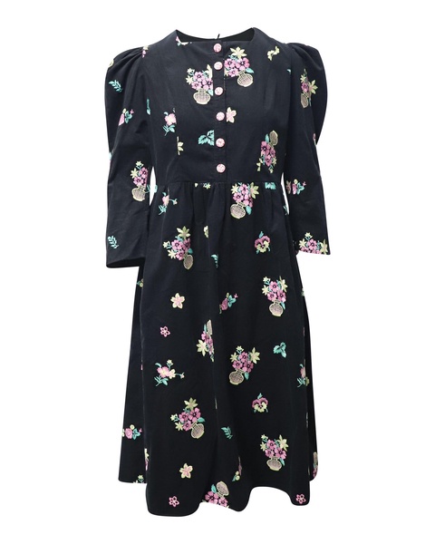 puff sleeve midi dress in black floral print cotton