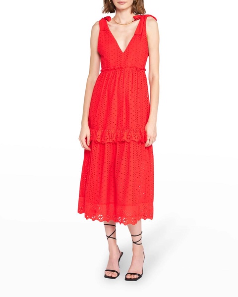 eyelet midi dress in red