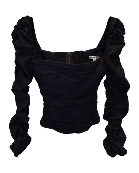 gathered long sleeve top in black cotton