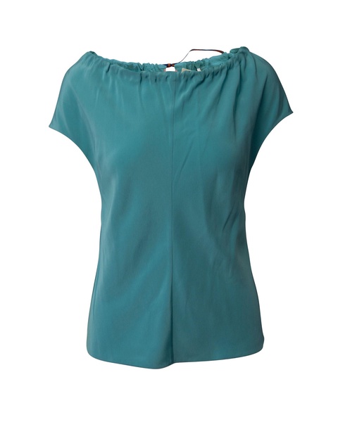 drawstring neckline blouse top in blue silk