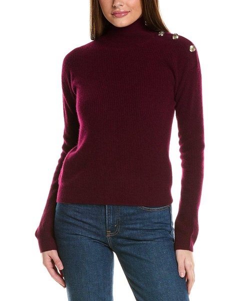 rib button shoulder mock nek cashmere sweater