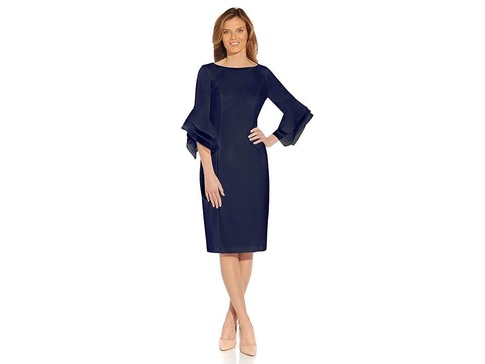 Stretch Knit Crepe Sheath Dress with Tiered Organza Bell Sleeve