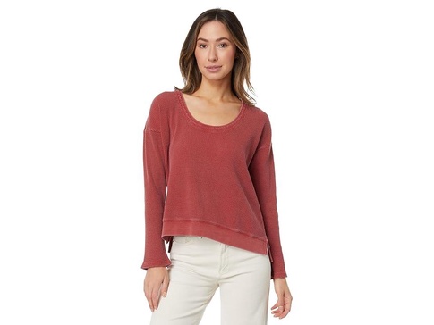 Washed Waffle Long Sleeve Open Neck Top