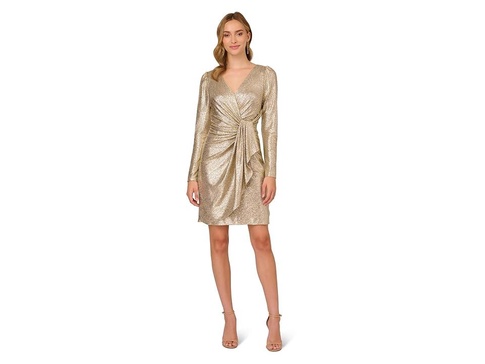 Metallic Foil Knit Draped Cocktail Dress