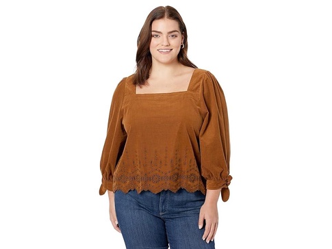 Plus Embroidered Eyelet Corduroy Tie-Sleeve Top