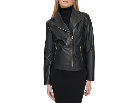 Moulded Collar Asymmetric Leather Jacket