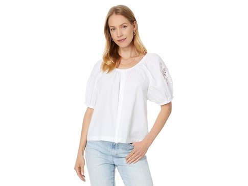 Embroidered Puff-Sleeve A-Line Top in Poplin