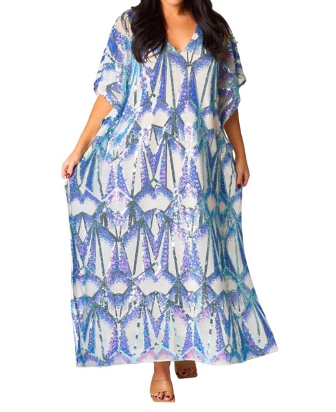 atlas queen of the sea maxi dress in blue and white