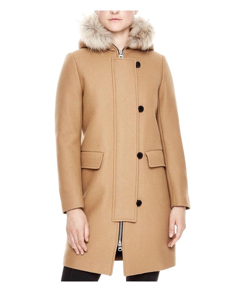 women's  kurt wool coat with fur trim hood 4 buttons