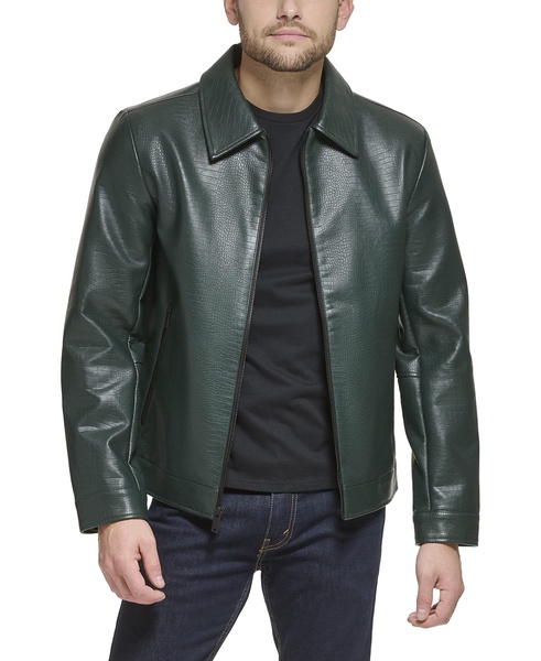 DKNY Men's Faux Leather Classic Laydown Collar Bomber Jacket