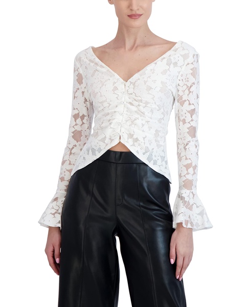 BCBGMAXAZRIA Women's Fitted Lace Top Long Sleeve Bell Cuff Ruched Bodice Shirt