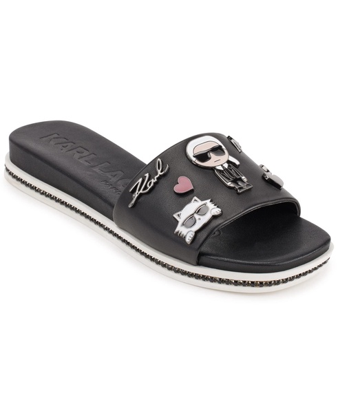 KARL LAGERFELD Women's Jeslyn Effortlessly Fashionable Slide-on Shoes with Bold Klp Pins Flat Sandal