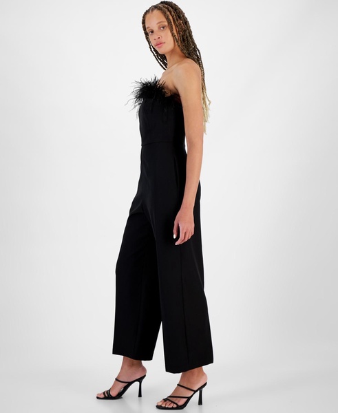 Women's Strapless Feather-Trim Jumpsuit 