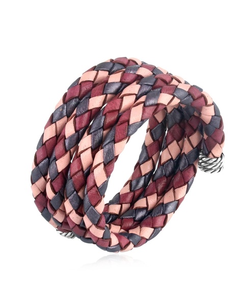 Sterling Silver Multi-Color Braided Pink, Maroon and Berry Leather Coil Wrap Bracelet, 34 Inches