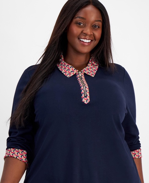 Plus Size Cotton Polo-Collar Long-Sleeve Top