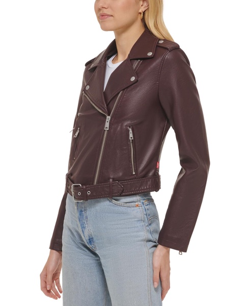 Women's Faux-Leather Belted Hem Moto Jacket