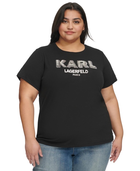 Plus Size Imitation-Pearl-Logo Short-Sleeve Top, First@Macy’s