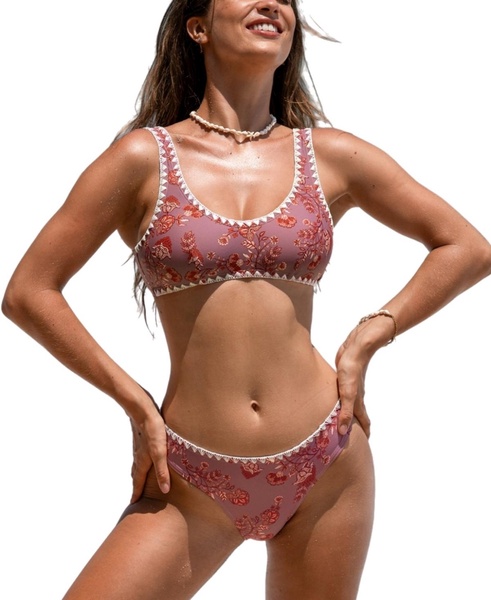 Women's Boho Beach Scoop Neck Bikini Top & Low-Rise Bottoms Set