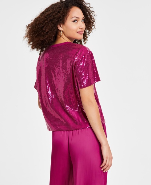 Women's Sequin Short-Sleeve Crewneck Top, Created for Macy's