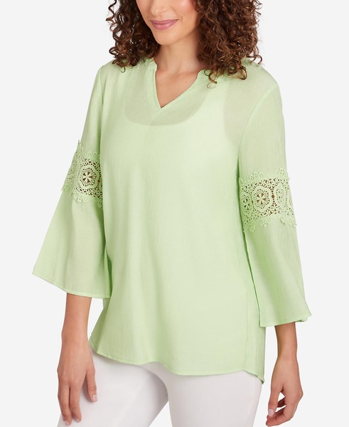 Petite Bali Split Neck Lace Bell Sleeve Top