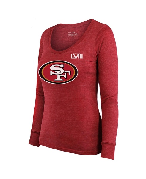 Women's Threads Christian McCaffrey Scarlet San Francisco 49ers Super Bowl LVIII Scoop Name and Number Tri-Blend Long Sleeve T-shirt