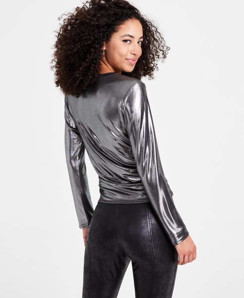 Women's Long-Sleeve Foil Ruched Top, Exclusively at Macy's