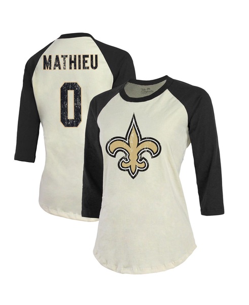 Women's Threads Tyrann Mathieu Cream, Black New Orleans Saints Name & Number Raglan 3/4 Sleeve T-shirt