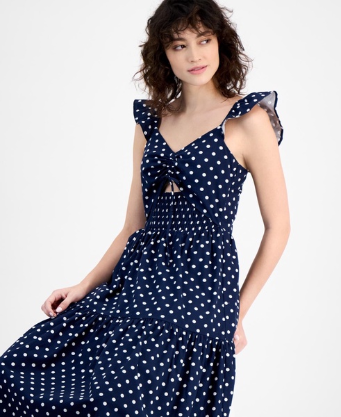 Women's Dot-Print Cutout Smocked Midi Dress, Exclusively at Macy's 