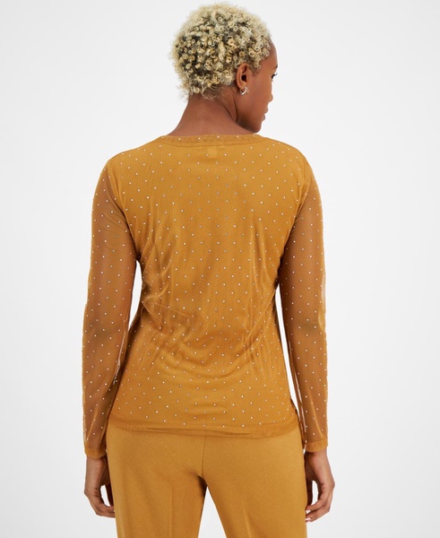 Women's Dewdrop-Embellished Long-Sleeve Mesh Top, Created for Macy's 