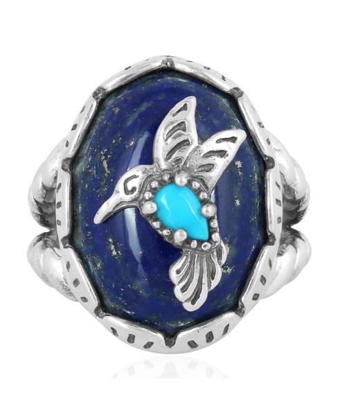 Sterling Silver Women's Ring, Blue Turquoise and Lapis Lazuli Hummingbird Design, Sizes 5-10