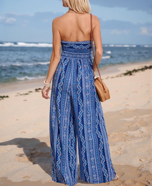 Women's Indigo Paisley Strapless Wide Leg Jumpsuit