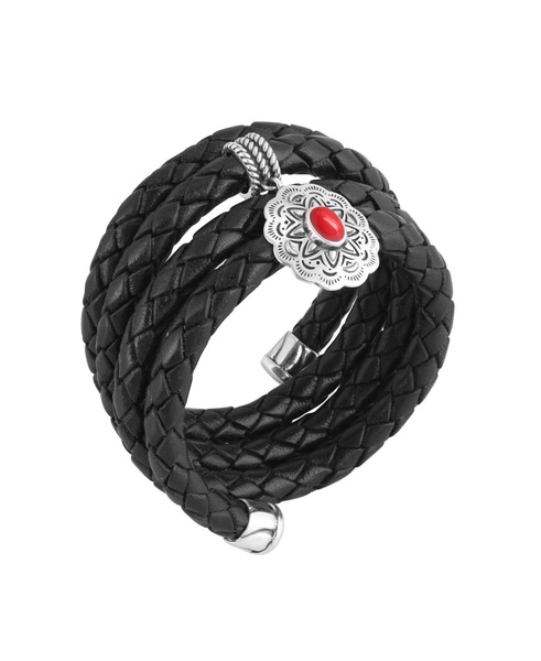 Sterling Silver Red Coral Concha Braided Leather Wrap Bracelet, One Size Fits Most