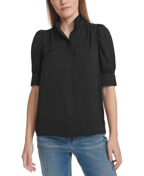 Women's Charmeuse Puff-Sleeve Stand-Collar Top