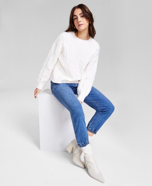 Women's Pearl-Embellished Cable-Knit Sweater, Exclusively at Macy's