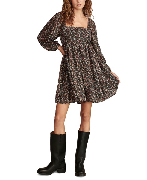 Women's Printed Square-Neck Long-Sleeve Mini Dress