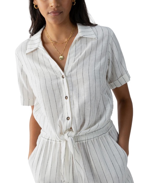 Women's Ocean Striped Button-Front Tie-Hem Shirt