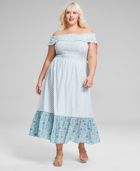 Trendy Plus Size Cotton Off-The-Shoulder Smocked Dress, Created for Macy's