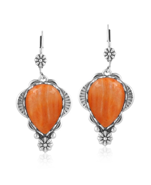 Sterling Silver Orange Spiny Oyster Pear-Cut Concha Earrings