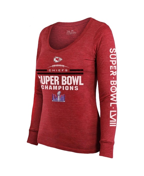 Women's Red Kansas City Chiefs Super Bowl LVIII Champions Goal Line Stand Scoop Neck Tri-Blend Long Sleeve T-shirt