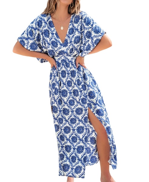 Women's Batik Print Dolman Sleeve Maxi Beach Dress