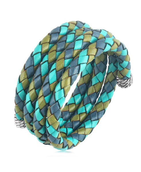 Sterling Silver Multi-Color Braided Blue, Turquoise and Lime Leather Coil Wrap Bracelet, 34 Inches