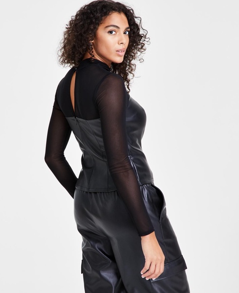 Women's Faux-Leather Mesh-Trim Long-Sleeve Top, Created for Macy's