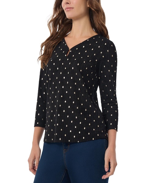 Petite Printed Textured Keyhole 3/4-Sleeve Top