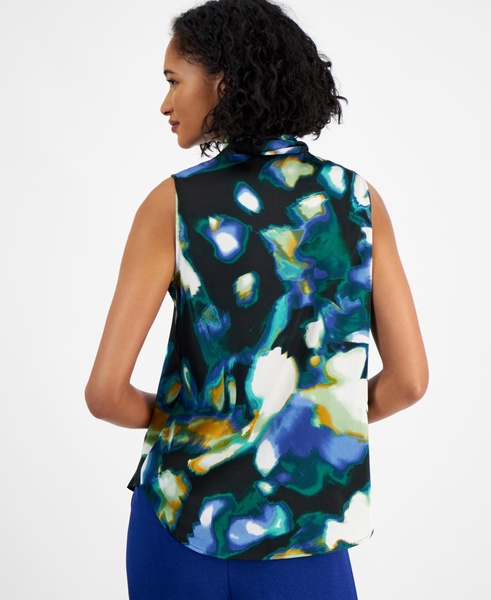 Women's Sleeveless Printed Tie-Neck Blouse, Created for Macy's