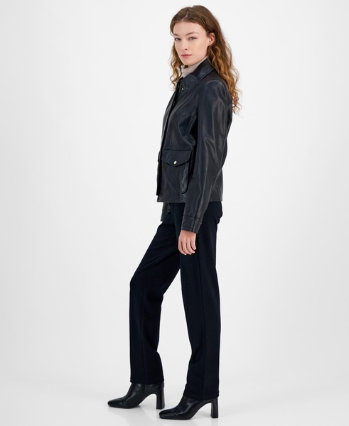 Women's Leather Zip-Front Collared Coat